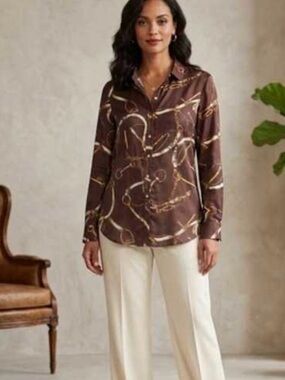 Talbots equestrian print 100% silk Printed Button-Up Blouse